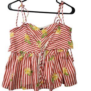 Miss Me Medium Red White Floral Striped Peplum Tie-Strap Tank Top